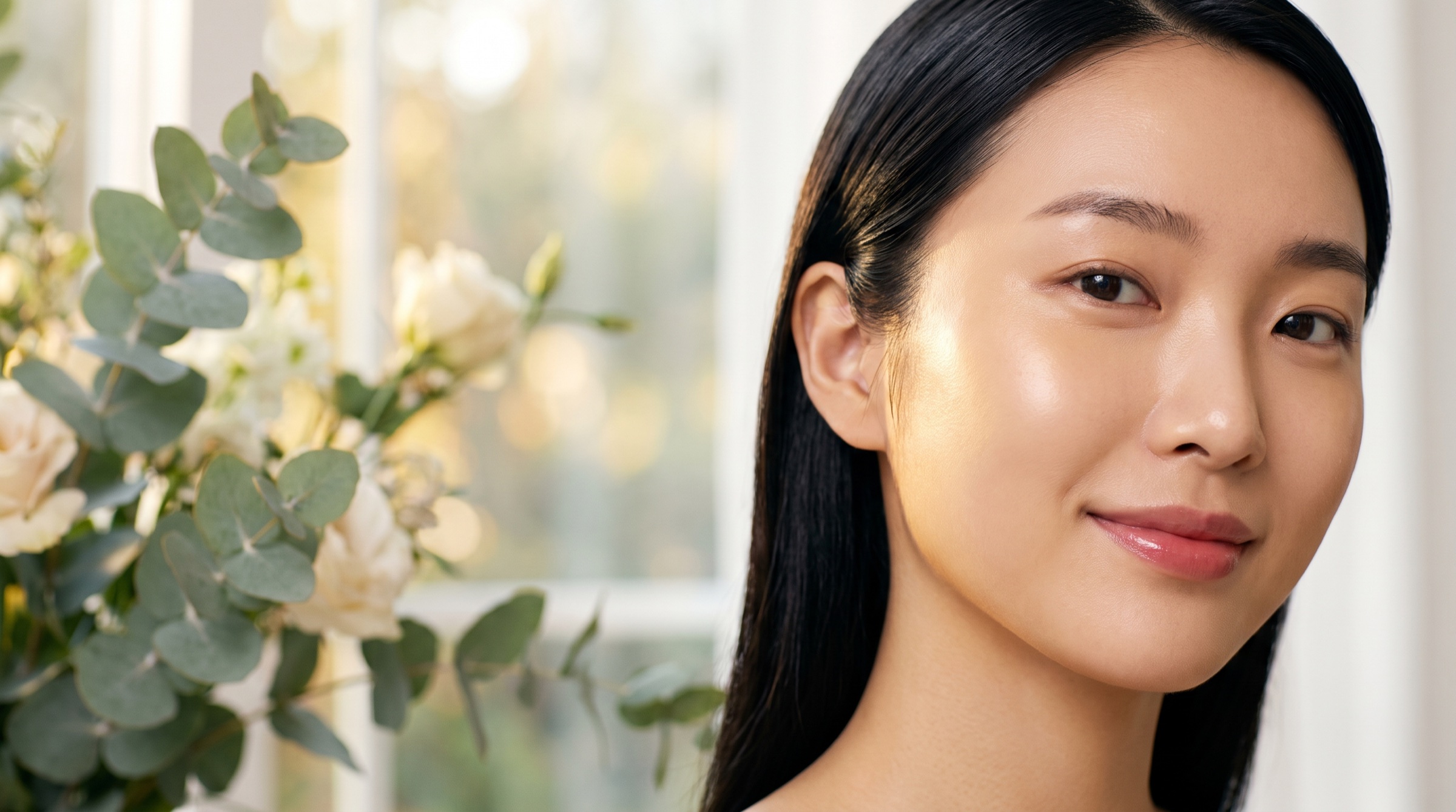 Portrait of a young Korean woman with luminous, healthy skin beside eucalyptus and white roses