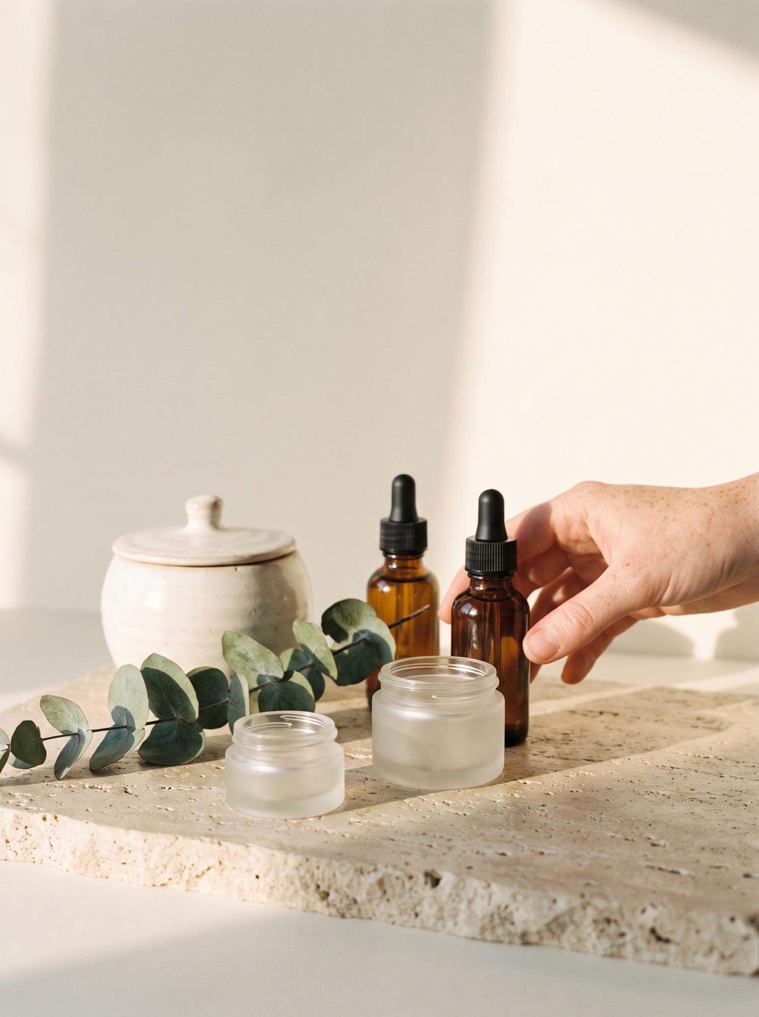 Amber dropper bottles and a ceramic jar on travertine with eucalyptus