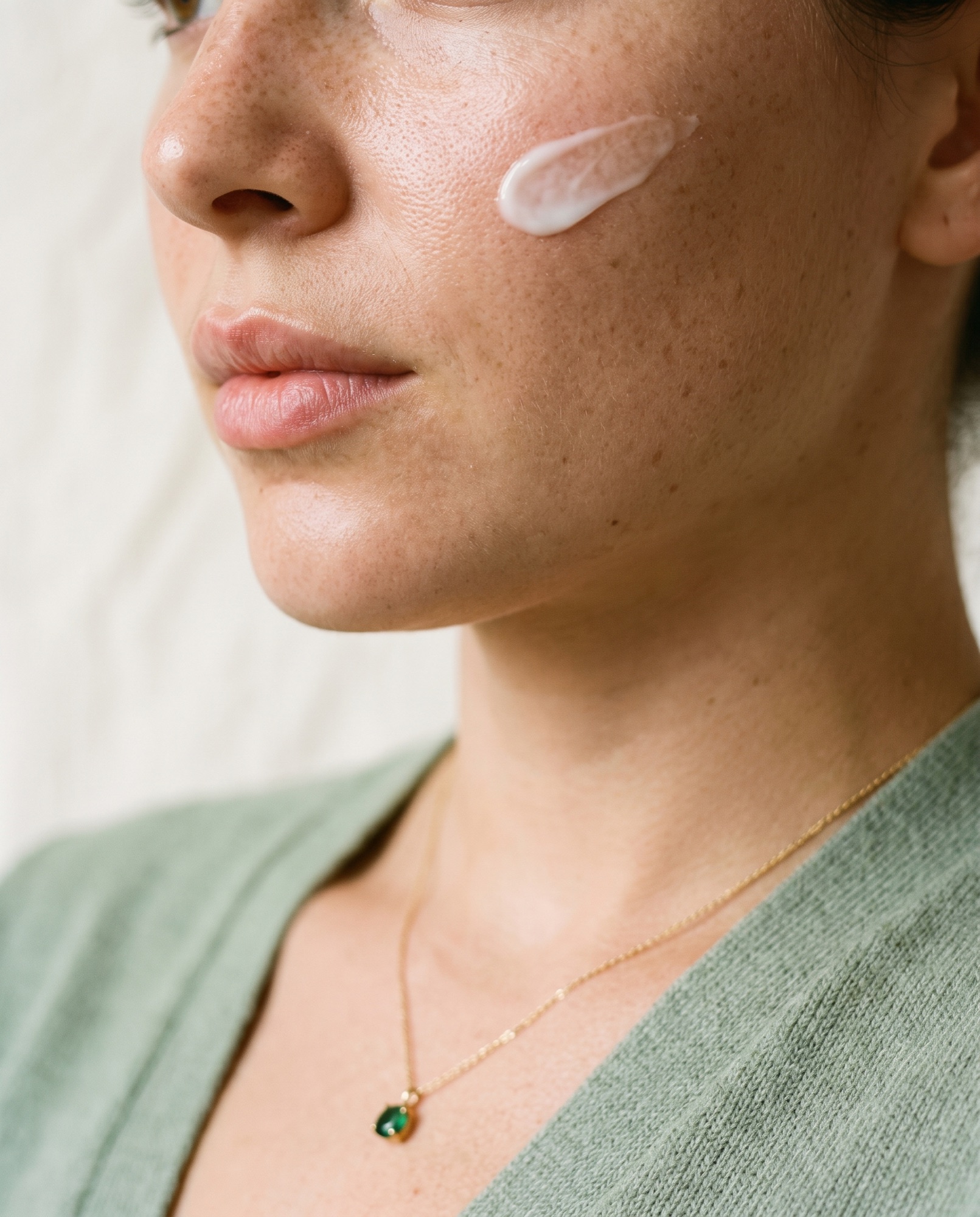 Close-up of glowing, freckled skin at the jawline